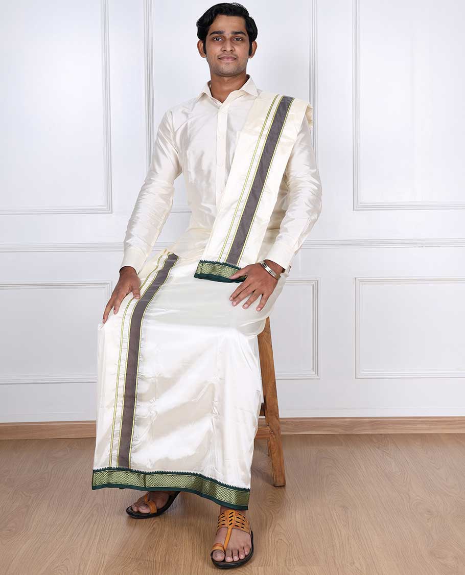 Cream art silk double-layer dhoti & angavastram with contrast traditional border