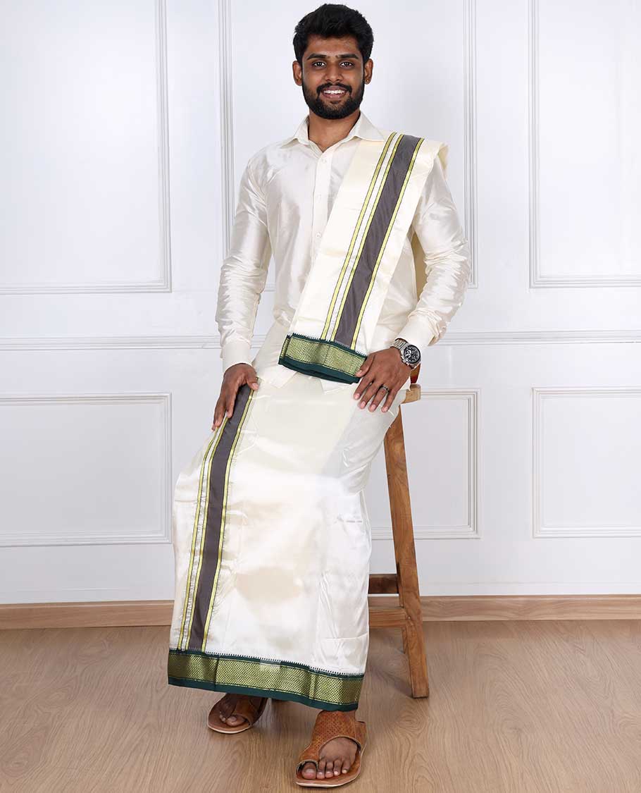Cream art silk double-layer dhoti & angavastram with contrast traditional border