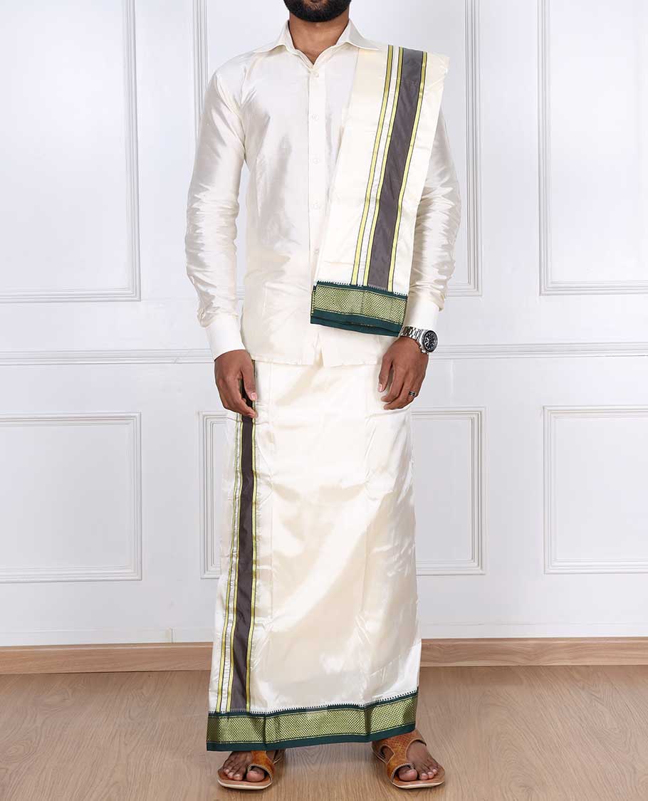 Cream art silk double-layer dhoti & angavastram with contrast traditional border