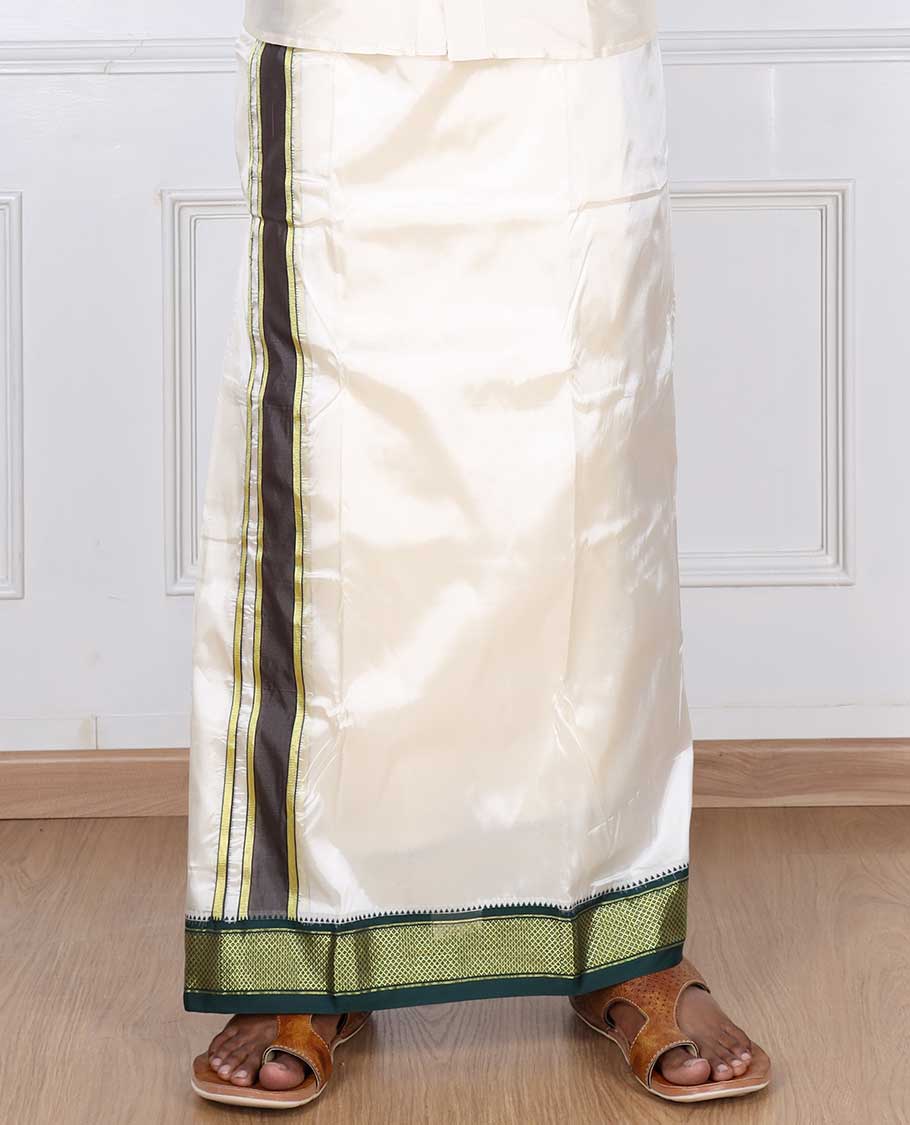 Cream art silk double-layer dhoti & angavastram with contrast traditional border