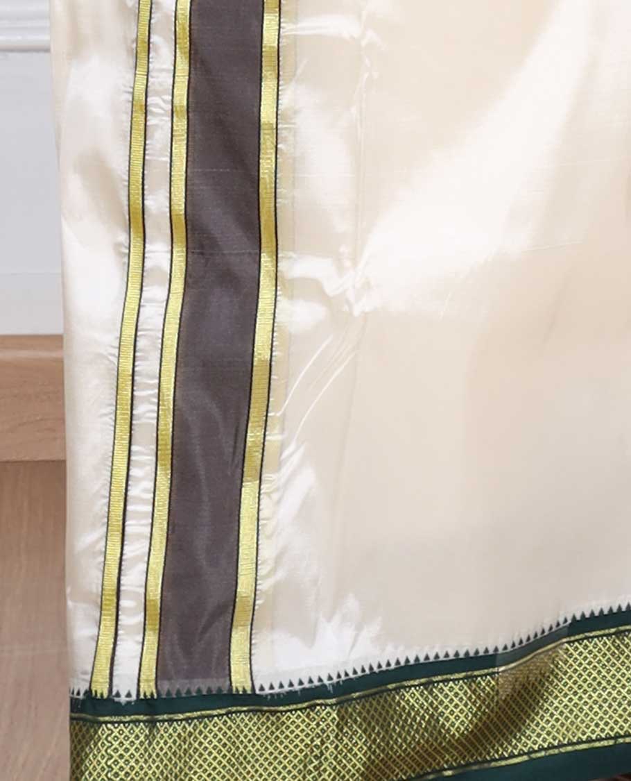 Cream art silk double-layer dhoti & angavastram with contrast traditional border