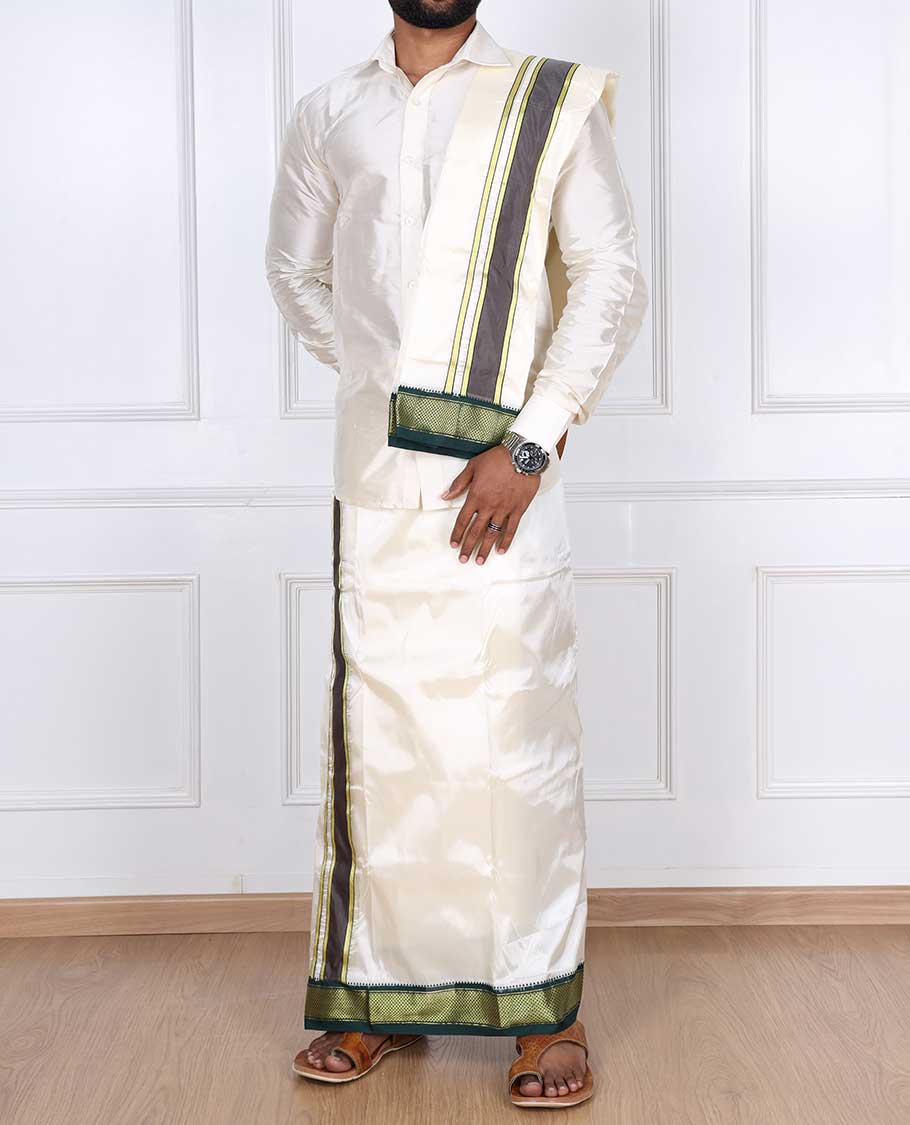 Cream art silk double-layer dhoti & angavastram with contrast traditional border