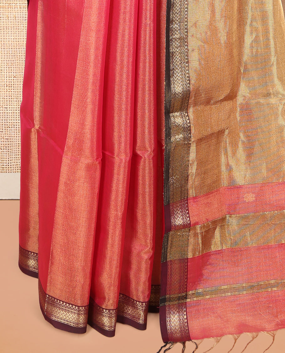 Peach Maheshwari Cotton Saree, Woven with Zari Buttas, a Contrast Traditional Zari Border, Zari Gleamed Up Pallu, and a Matching Blouse