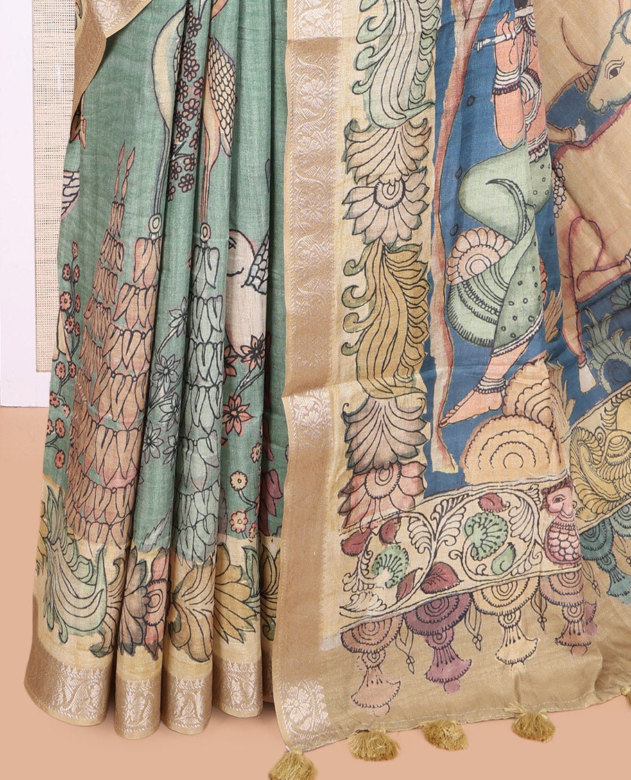 Green Kalamkari Printed Fancy Tussar Saree