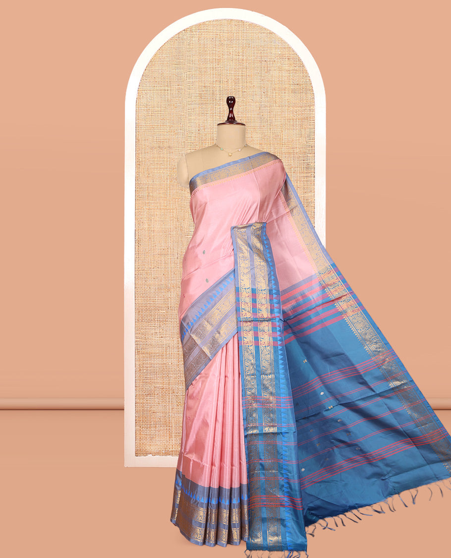 Pink Banana Pith Saree, Woven with Buttas, Complemented by a Contrast Traditional Rettai Pettu Border, Pallu of Stripes, and a Contrast Blouse