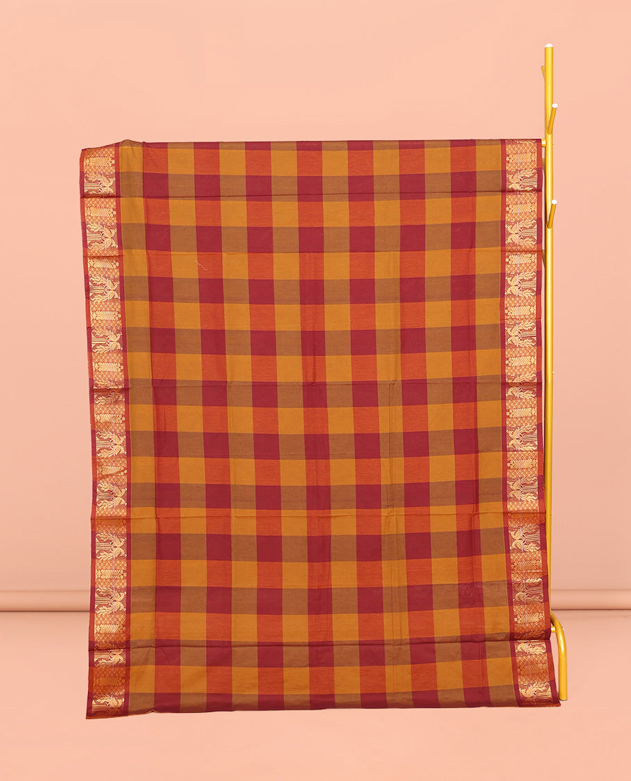 Orange-Red Chettinad Cotton Saree, Accentuated with Macro-Checks, Highlighted by Peacock Motifs Zari Border, Pallu of Stripes, and No Blouse