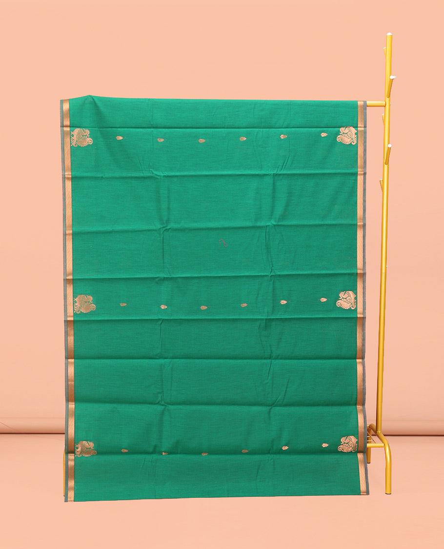 Green Semi-Silk Cotton Saree, Beautified with Buttas and Peacock Buttas All Over Its Body, a Subtle Zari Piping Border, Pallu of Peacock Butta Enclosed Checked Design, and Paired with a Contrast Blouse