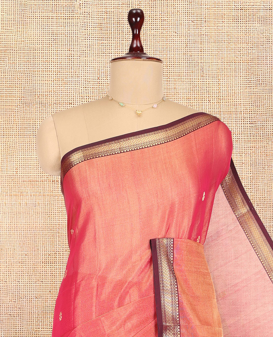 Peach Maheshwari Cotton Saree, Woven with Zari Buttas, a Contrast Traditional Zari Border, Zari Gleamed Up Pallu, and a Matching Blouse