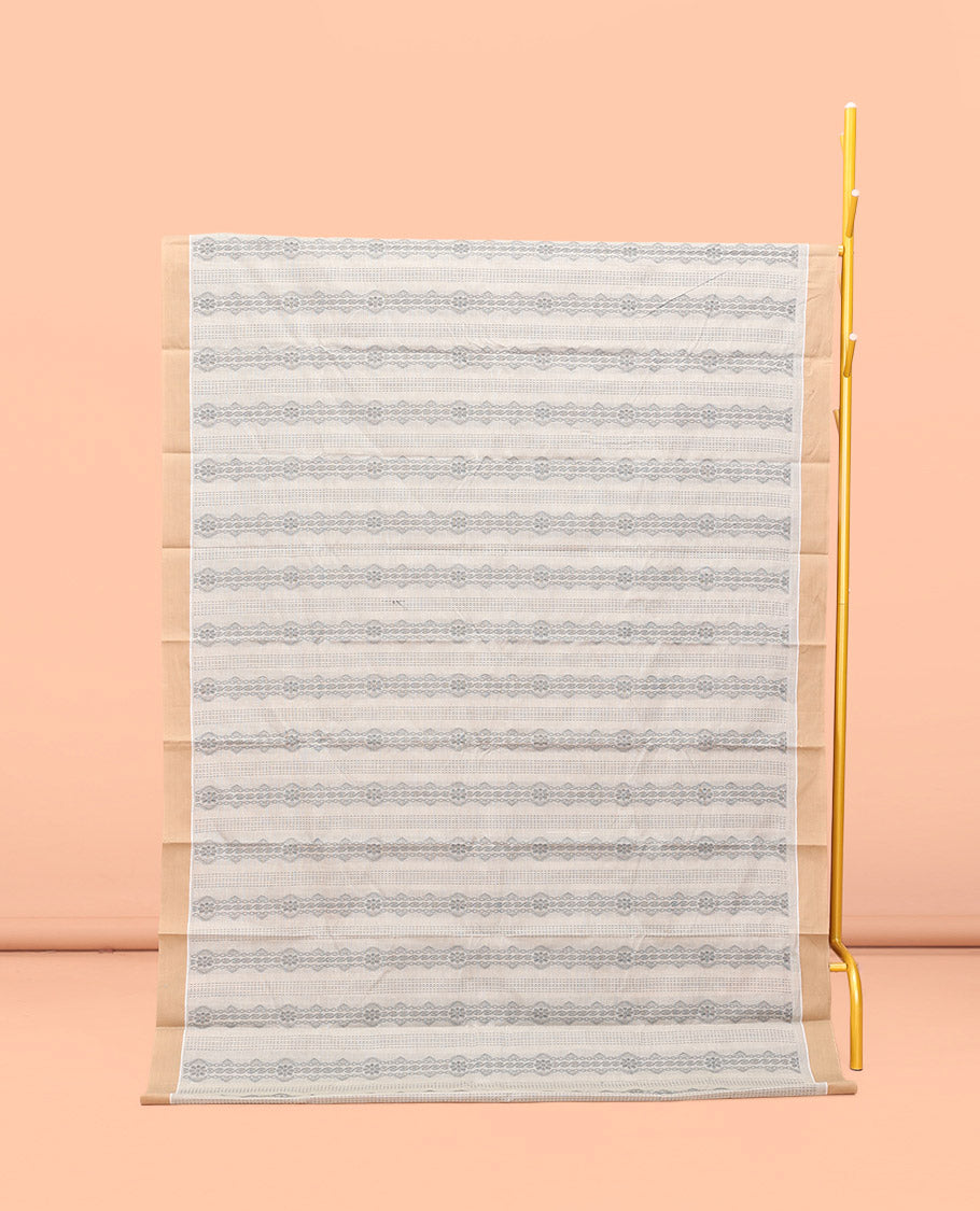 Off-white Kanchi Cotton Saree, Elevated with Geometric Patterns All Over Its Body, Complemented by Contrast Border, Intricately Designed Pallu, and Paired with a Matching Blouse
