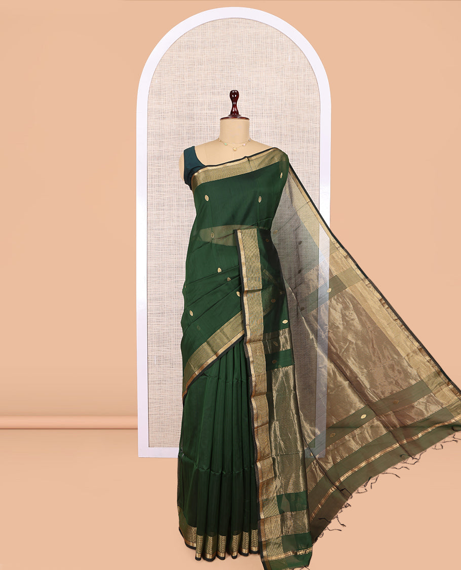 Green Maheshwari Cotton Saree, Accentuated with Buttas, a Contrast Traditional Zari Border, Gleaming Zari Woven Pallu, and a Matching Blouse