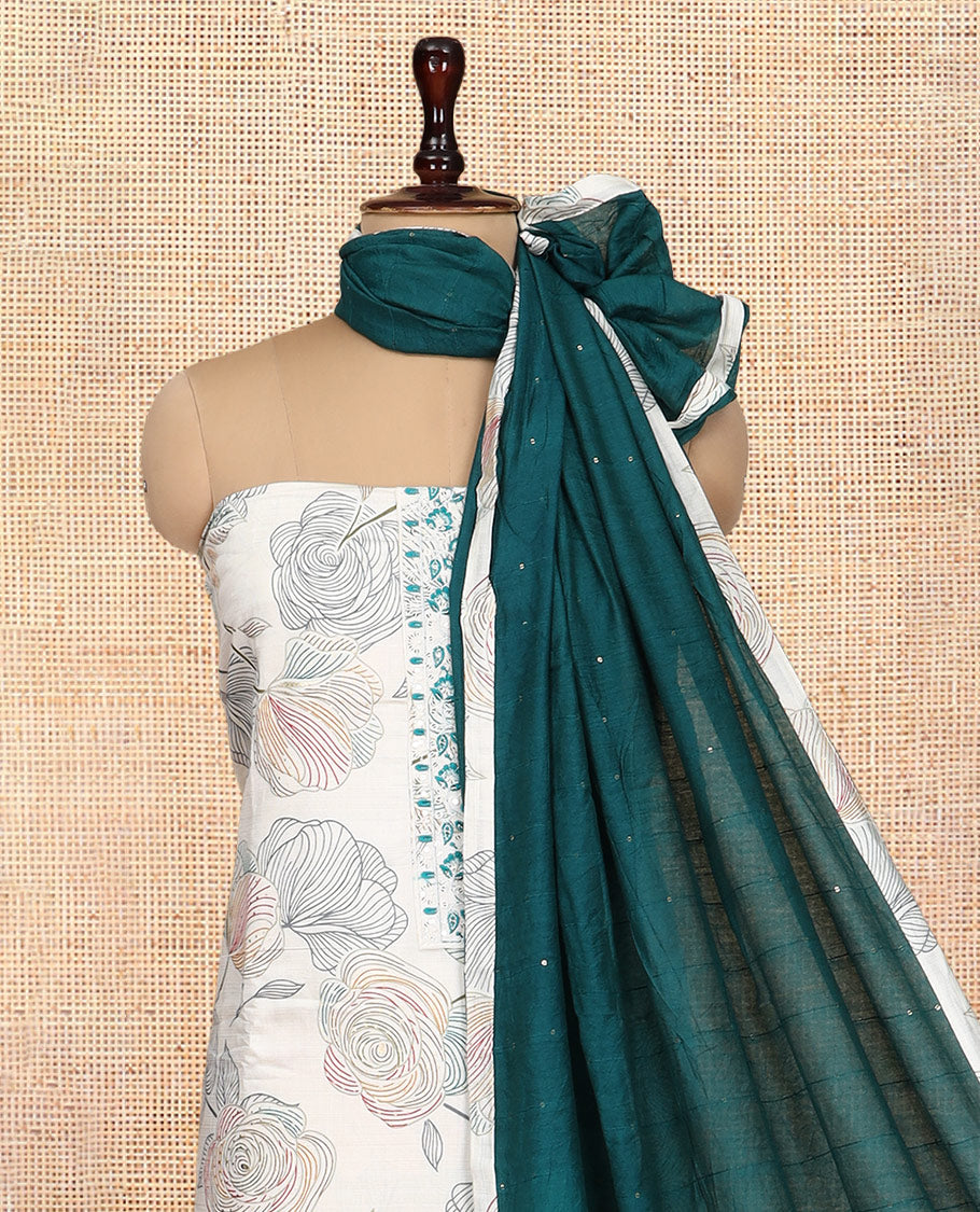 Cream Vertican Silk Material Churidar Features Floral Printed Neck Work Top, a Contrast Bottom, a Sequins Striped Dupatta
