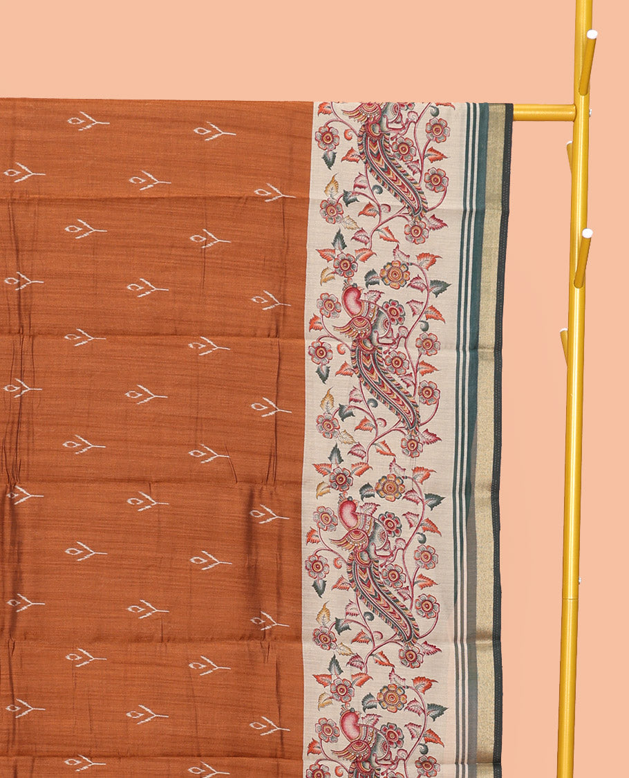 Brown Mul Mul Cotton Saree, Detailed with Ikat Buttas, Contrast Kalamkari Floral-Peacock Border, Kalamkari Printed Pallu, and a Contrast Blouse