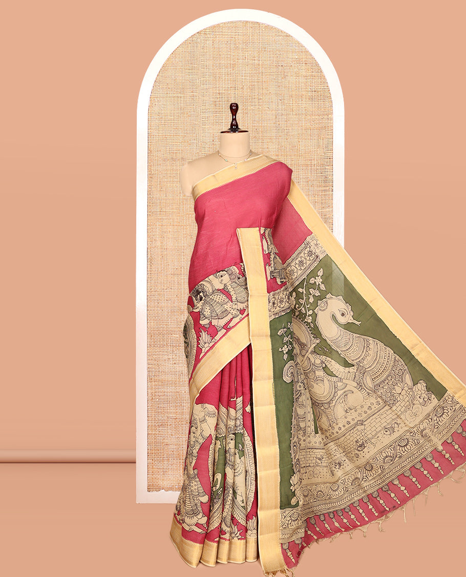 Red Kalamkari Silk Saree, Gracefully Embellished with Ancient Human Motifs Print, a Contrast Traditional Zari Border, Pallu Features God and Goddess Designs, and a Contrast Blouse