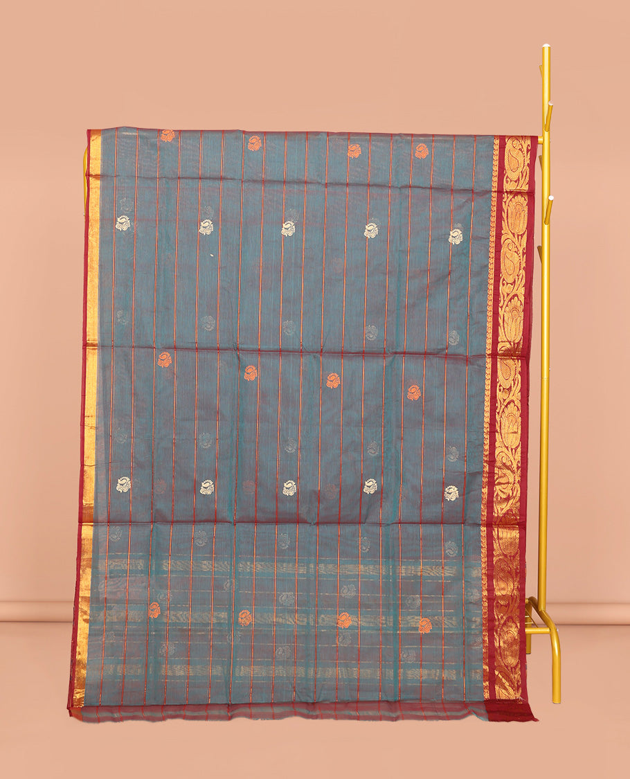 Blue Venkatagiri Cotton Saree, Embellished with Peacock Buttas and Stripes, a Contrast Peacock Zari Border, Pallu of Buttas and Stripes, and No Blouse