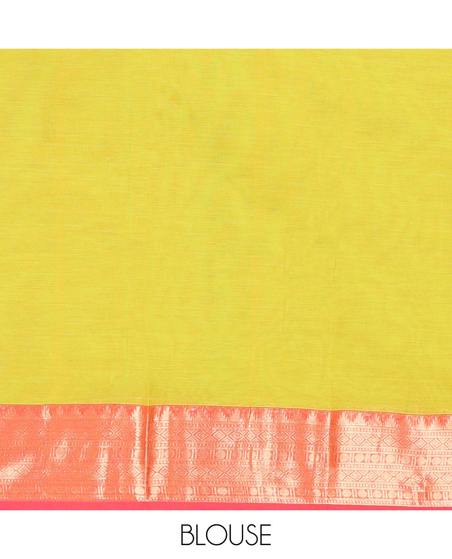 Green Plain Chettinad Cotton Saree, Complemented by a Contrast Traditional Zari Border, Striped Pallu, and a Matching Blouse