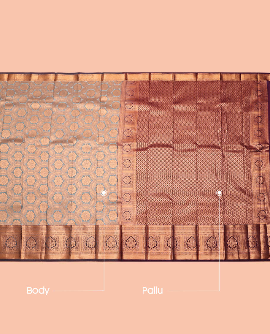 Grey Budget Silk Saree, Enriched with Jacquard, Complemented by Contrast Paisley Zari Border, Grand Jaal Pallu, and a Contrast Blouse