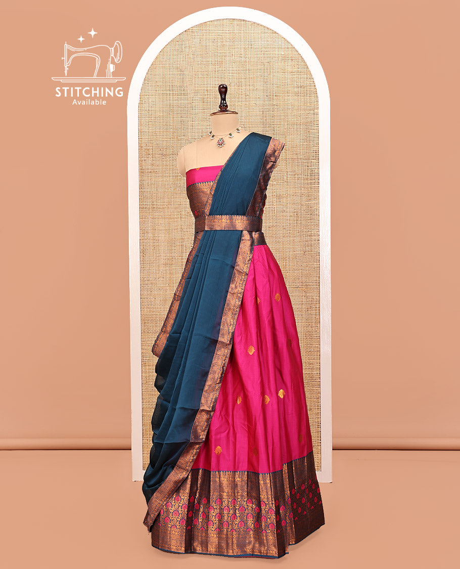Magenta Art Silk Half Saree, Delicately Woven with Embossed and Buttas Skirt, Contrast Traditional Border, Matching Blouse, and a Contrast Dhavani