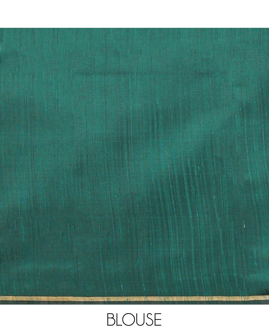 Green Dupion Silk Saree, Subtly Enriched with Buttas, a Traditional Border, Gleaming Zari Pallu, and a Matching Blouse