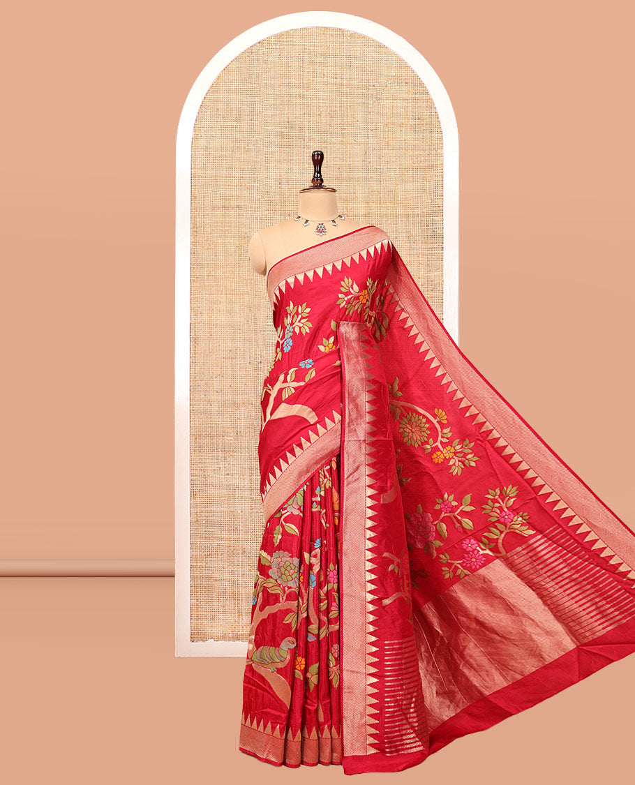 Rani Pink Dola Silk Saree Features Paithani Floral-Bird Motifs, Temple Border, Matching Blouse