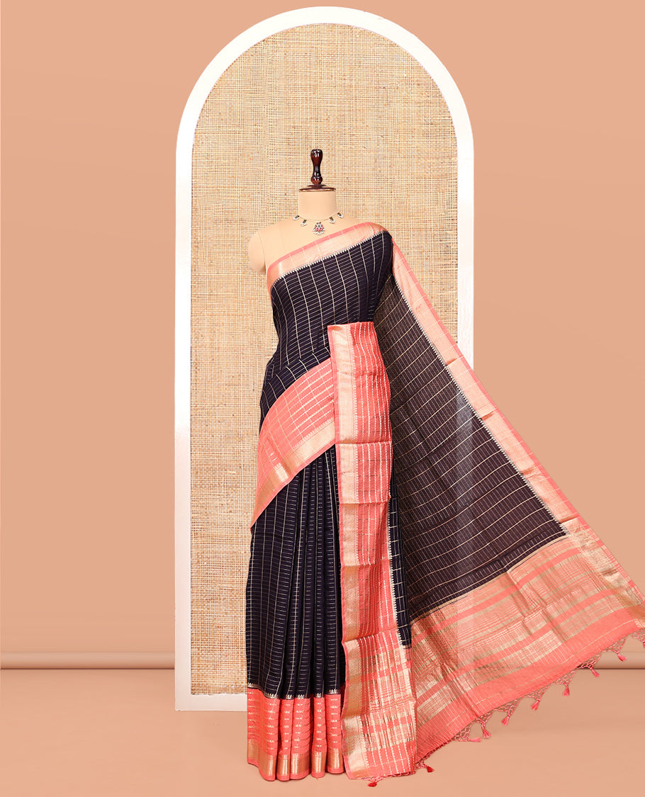 Blue Assam Silk Saree, Boldly Accentuated with Zari Checks, Complemented by a Contrast Traditional Zari Border, Striped Pallu, and a Contrast Blouse