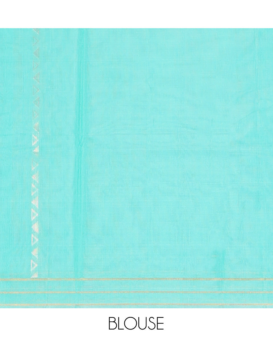 Turquoise Silk Cotton Saree, Delicately Woven with Zari Buttas, Zari Striped Border, Geometric Patterned Pallu, and a Matching Blouse