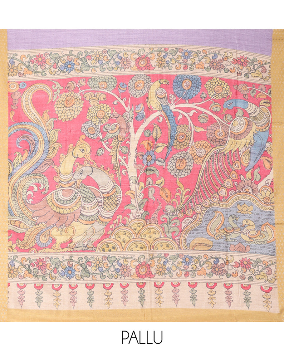 Lavender Plain Fancy Tussar Silk Saree, Contrast Triangle Motif Border, Pallu of Kalamkari Peacock Motifs, and Contrast Kalamkari Printed Blouse