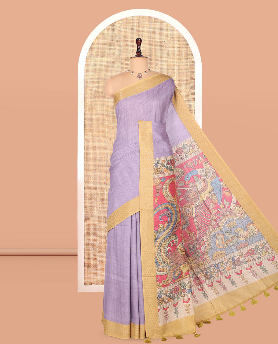 Lavender Plain Fancy Tussar Silk Saree, Contrast Triangle Motif Border, Pallu of Kalamkari Peacock Motifs, and Contrast Kalamkari Printed Blouse
