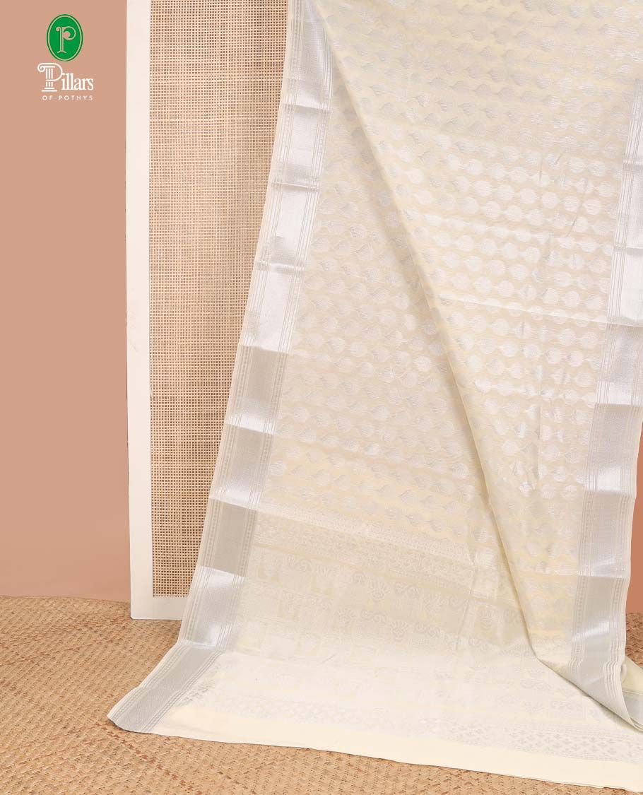 Sandal silver zari design silk cotton saree with double pad rudrashra border & rich pallu along with plain blouse