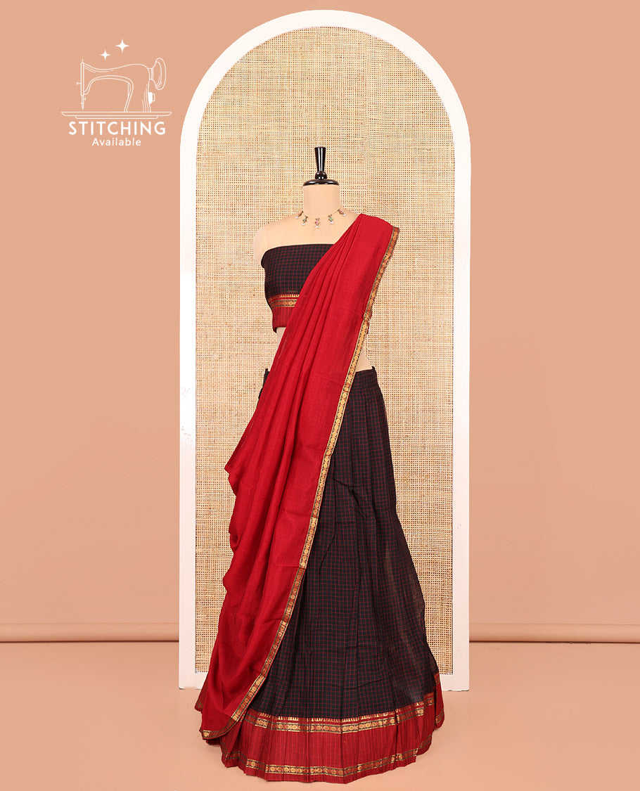 Black-Red Mercerised Cotton Saree Features a Checked Skirt, Contrast Temple-Rudraksham Rettai Pettu Border, a Matching Blouse, and Contrast Vichitra Silk Dhavani
