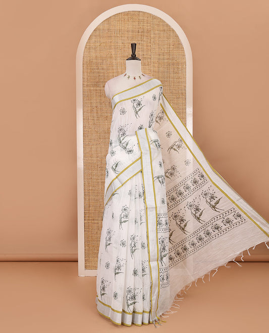 White-green floral motifs printed Linen cotton saree, contrast Sliver zari bavanji border, floral print pallu & plain blouse