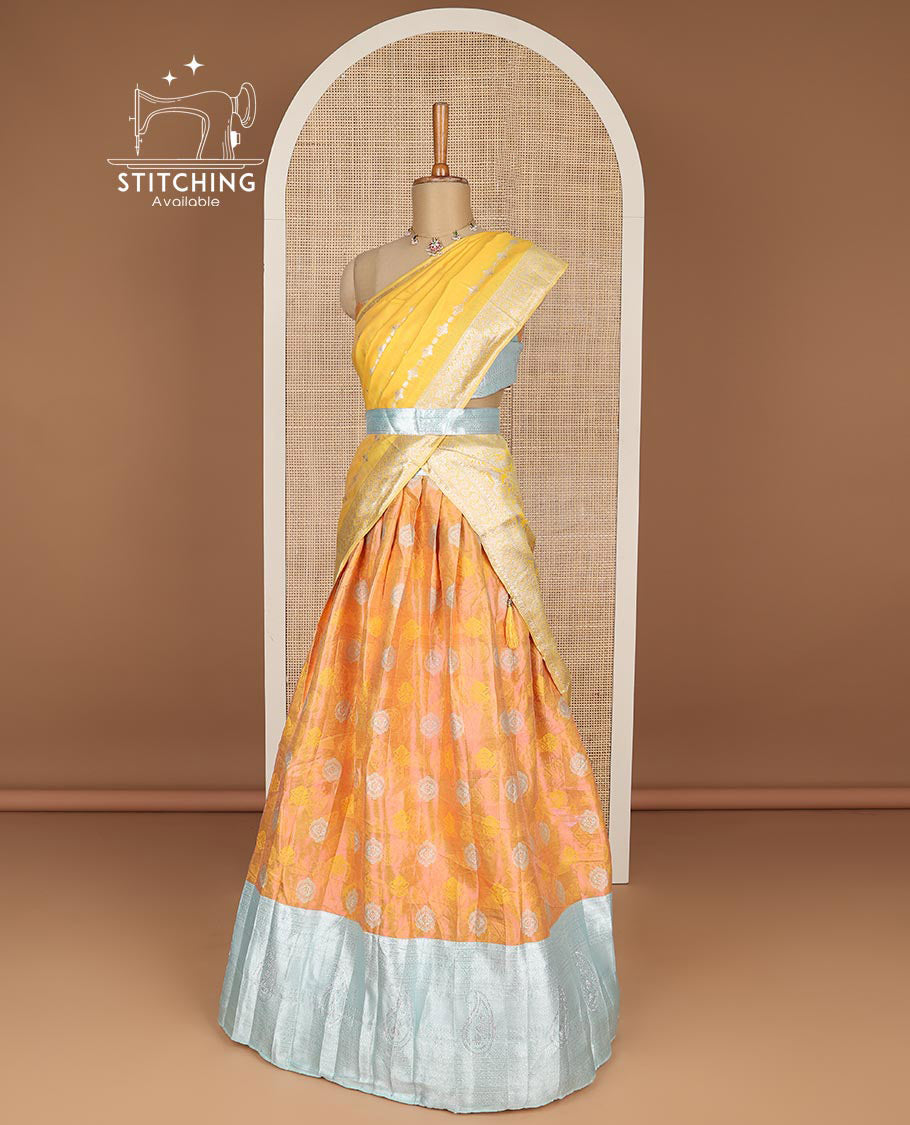 Orange floral zari design tissue half saree with contrast zari design border, zari design blouse & floral zari design dhavani