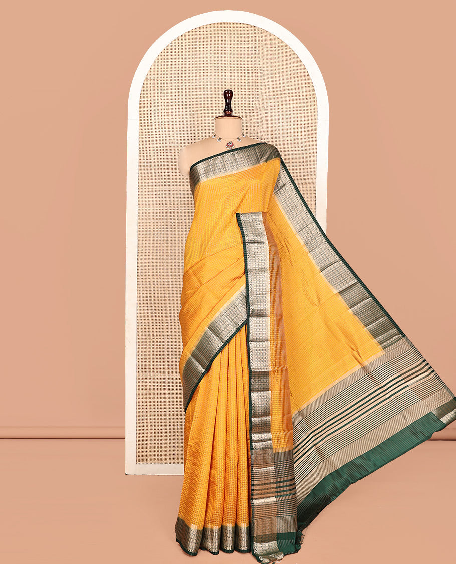 Yellow Semi-Banarasi Dupion Saree, Gleamed Up with Zari Checks, a Contrast Traditional Zari Design Border, Striped Pallu, and a Contrast Blouse