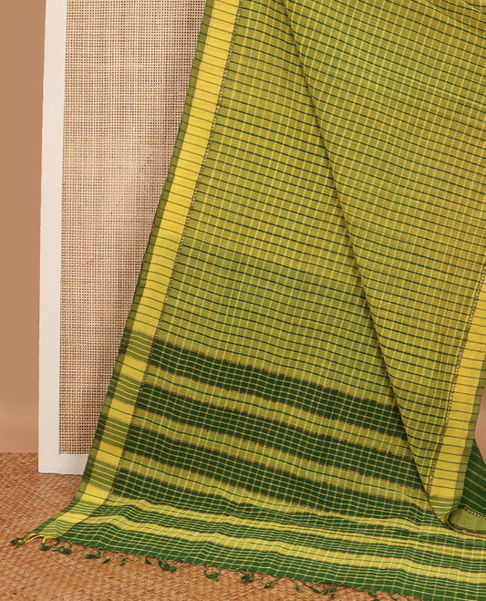 Green checked mangalgiri cotton saree with contrast temple border & pallu of checks