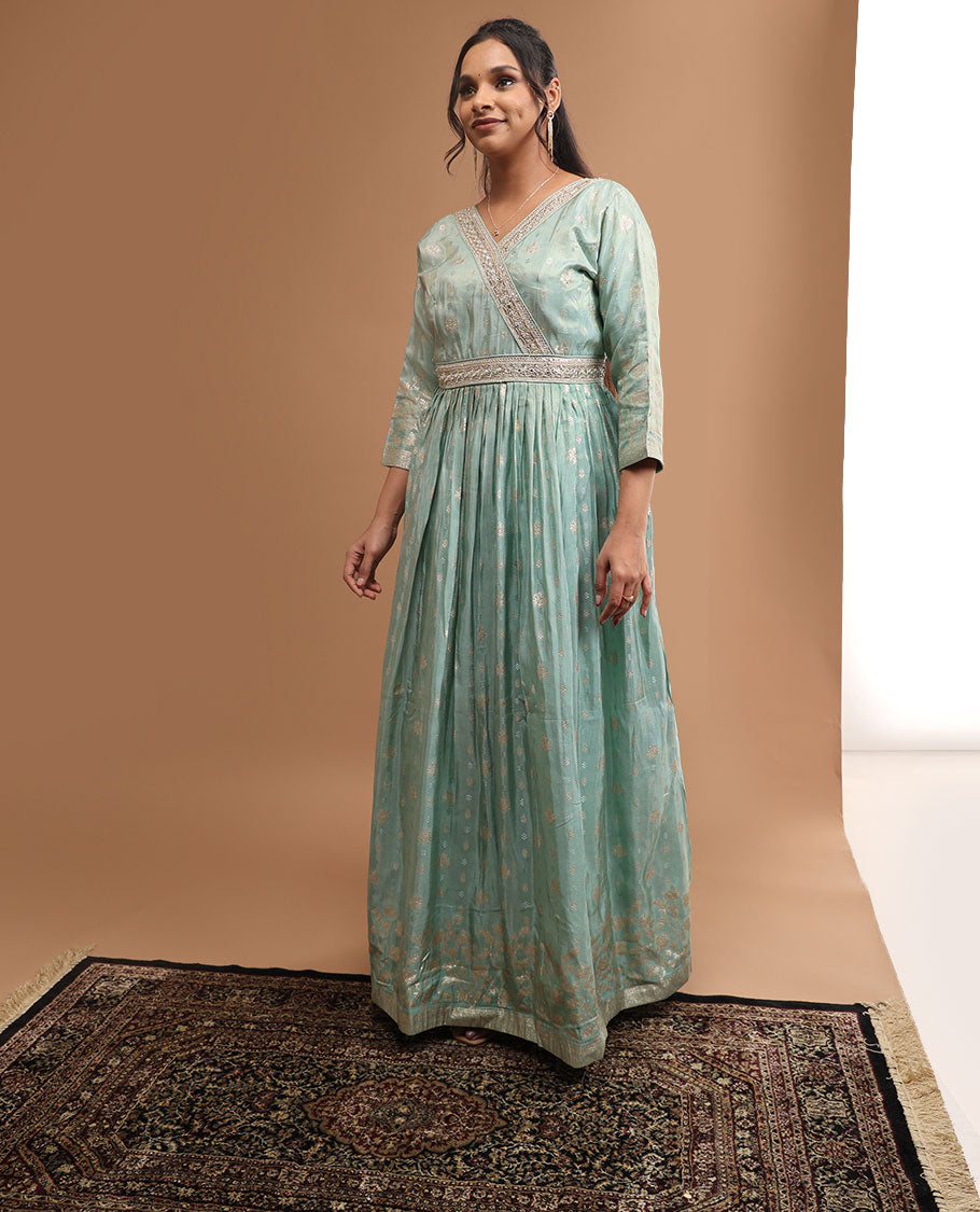 Light blue floral embroidered v neck, 3/4 th sleeve, floor length top & floral zari design dupatta