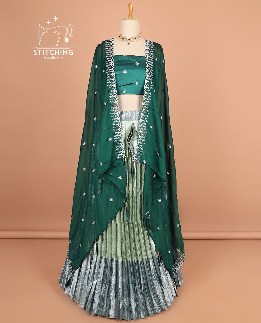 Green floral jacquard half saree with contrast zari design border, floral motifs blouse & floral embroidery scallop border dhavani