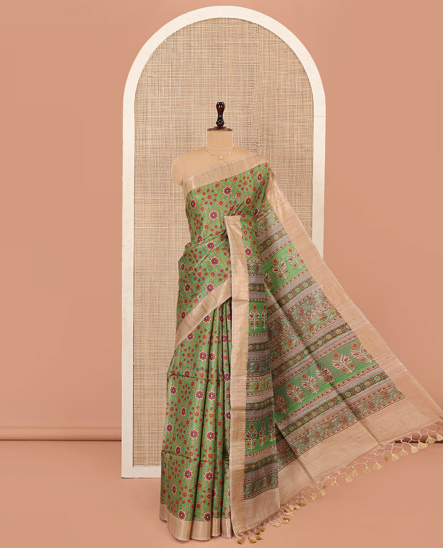 Green Tussar Silk Saree Enlivened with Ajrakh-Style Motifs Print, Complemented by Contrast Border, Pallu Featuring Floral and Geometric Print, Paired with a Contrast Blouse