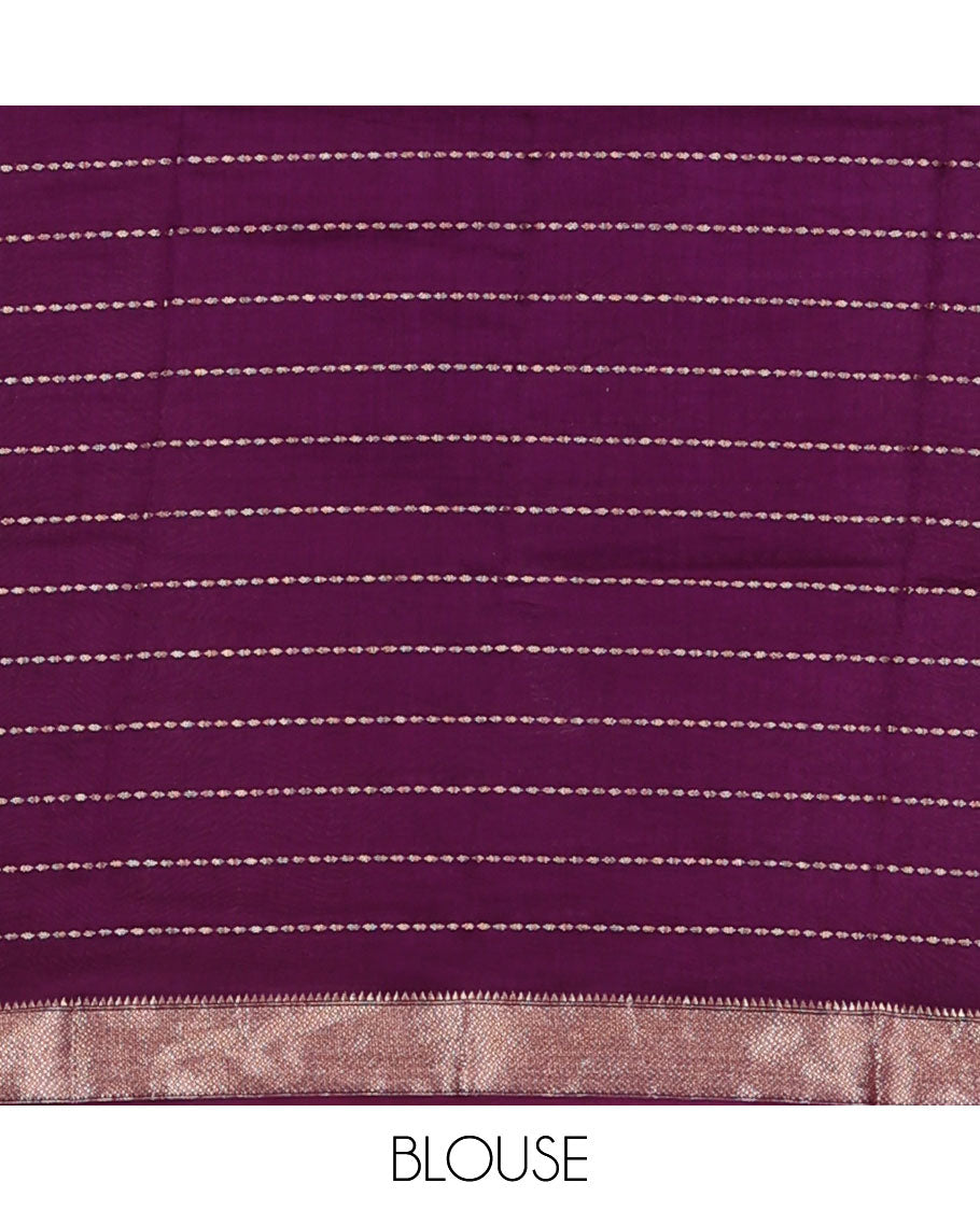 Purple Assam Silk Saree, Gracefully Embellished with Zari Stripes, Complemented by Contrast Zari Border, Pallu Features Zari Stripes, and Paired with a Contrast Blouse