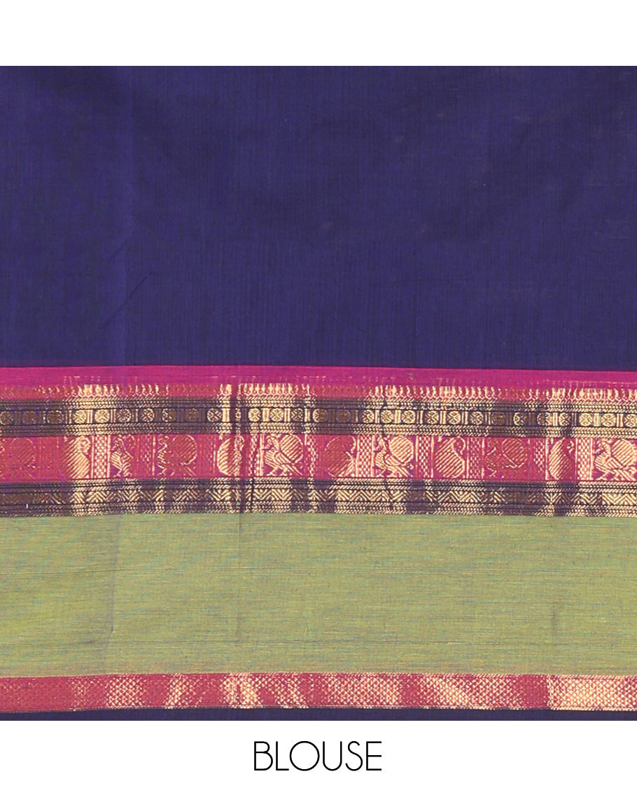 Navy Chettinad Cotton Saree, Woven with Zari Buttas, a Contrast Traditional Rettai Pettu Border, Matching Blouse