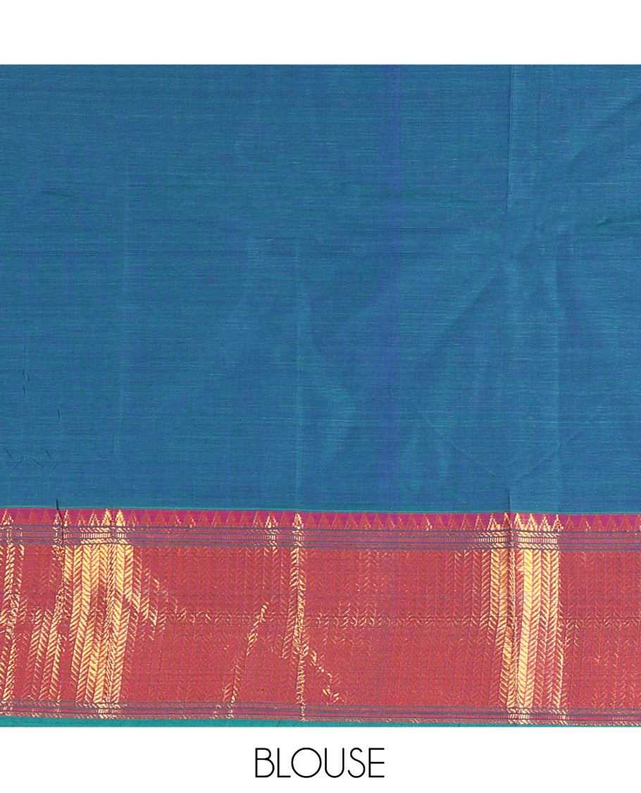 Rama Blue Plain Mercerised Cotton Saree, a Contrast Traditional Zari Border, Striped Pallu and a Matching Blouse