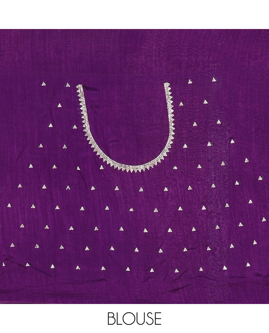 Dark Violet Vitchitra Silk Saree Elevated with Sequin-Style Foil Prints All Over Its Body, Jarkan Stone Work Border, and Paired with a Matching Jarkan Stone Work Blouse