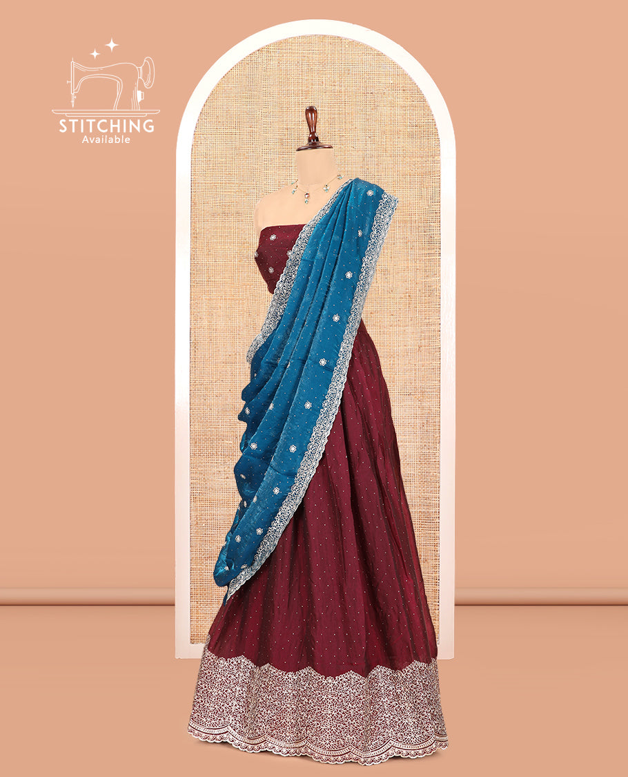 Maroon Velvet Organza Half-Saree with Glitter Work Skirt, Embroidered Border, a Matching Blouse, and Contrast Embroidered Dhavani