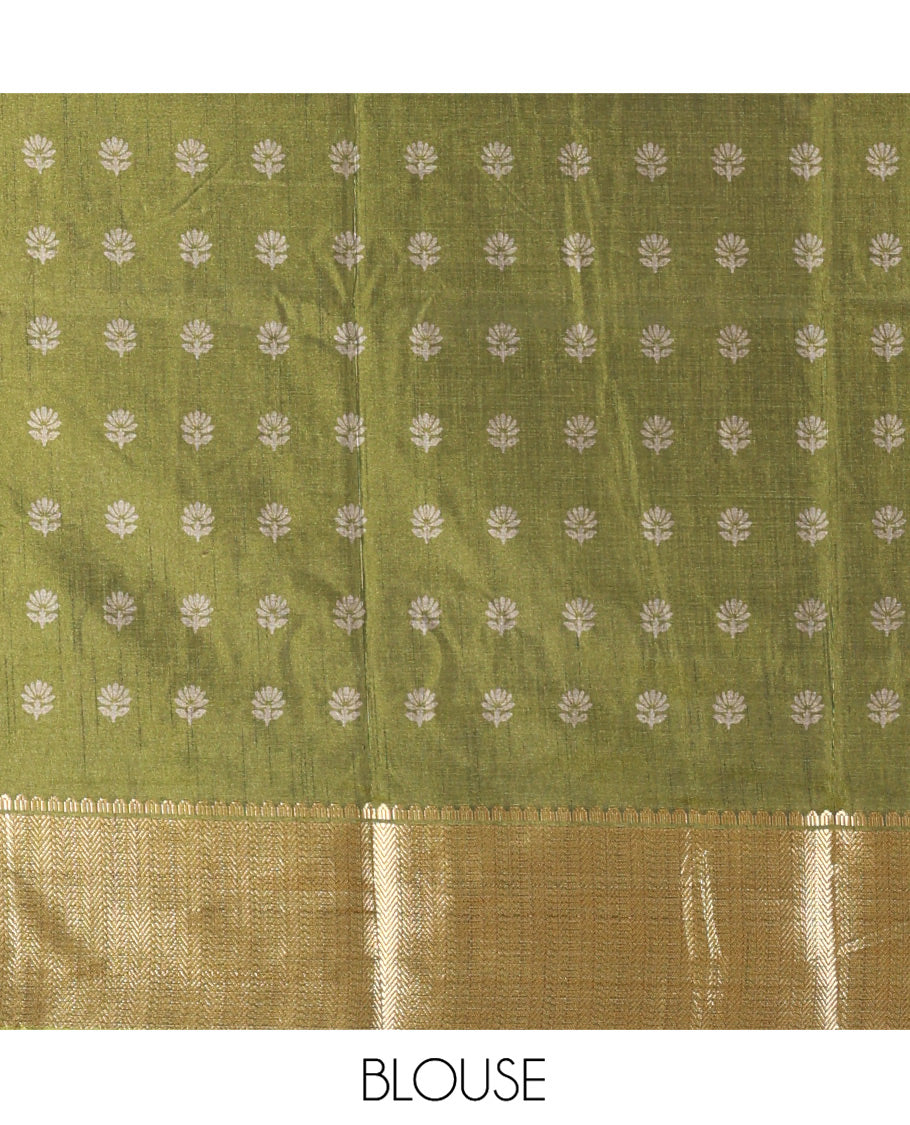 Olive Green Dola Silk Saree, Accentuated with Kalamkari-Style Peacock and Human Motifs Printed on Its Body, Highlighted by a Traditional Zari Design Border, a Self-Printed Pallu, and Paired with a Matching Blouse