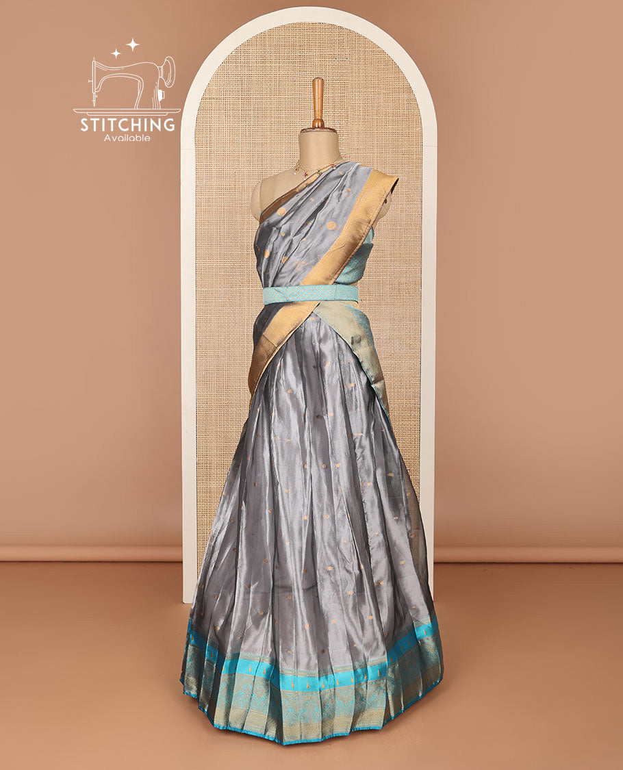 Grey floral jaal design half saree with contrast zari design border , checked zari design blouse & floral zari design dhavani