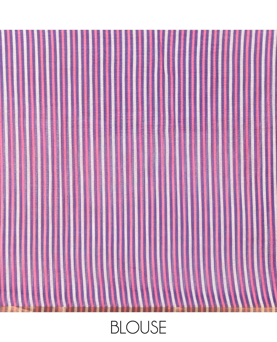 Pink Linen Cotton Saree Delicately Printed with Batik-Style Buttas All Over Its Body, Complemented by a Contrast Temple Zari Piping Border, Striped Pallu, and Paired with a Matching Striped Blouse