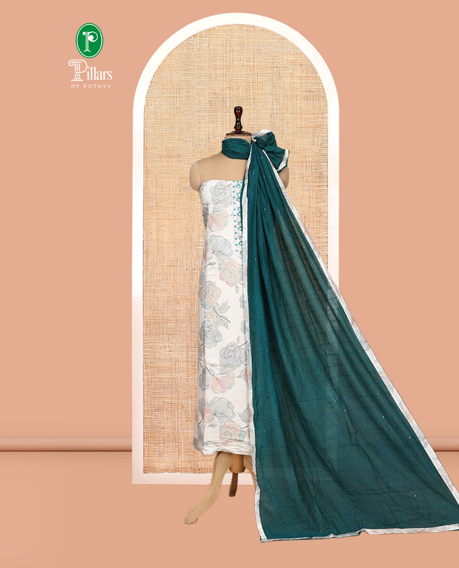 Cream Vertican Silk Material Churidar Features Floral Printed Neck Work Top, a Contrast Bottom, a Sequins Striped Dupatta