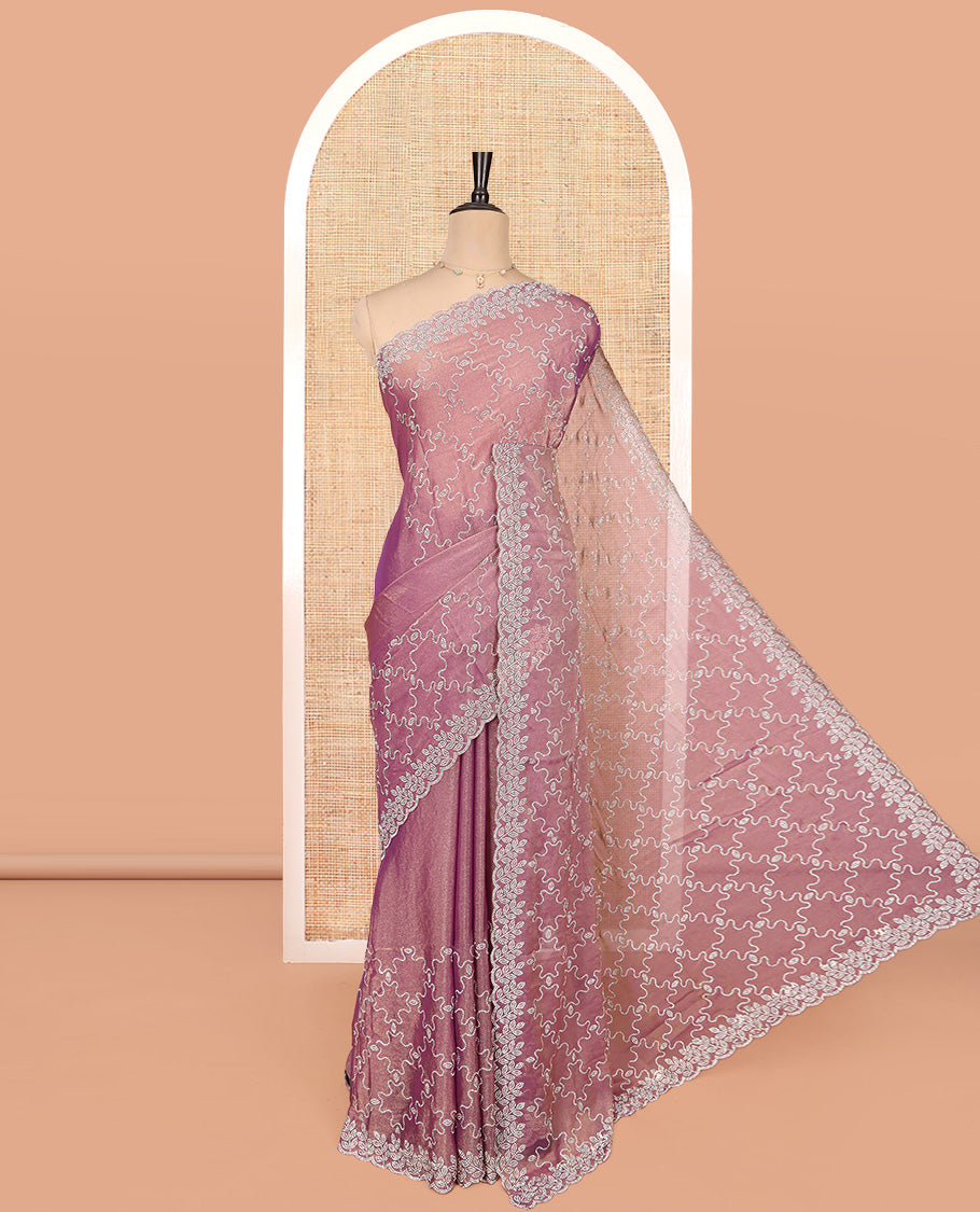 Pink Designer Saree, Prettified with Stonework Jaal Design, a Scallop Leaf Stonework Border, and Matching Blouse
