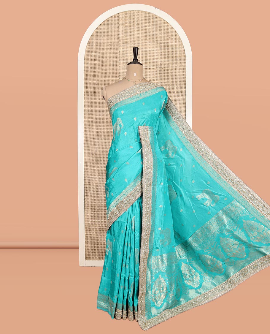 Rama Blue Elephant Buttas Russian Dola Silksaree,Embroidery Patch Border,Matching Blouse