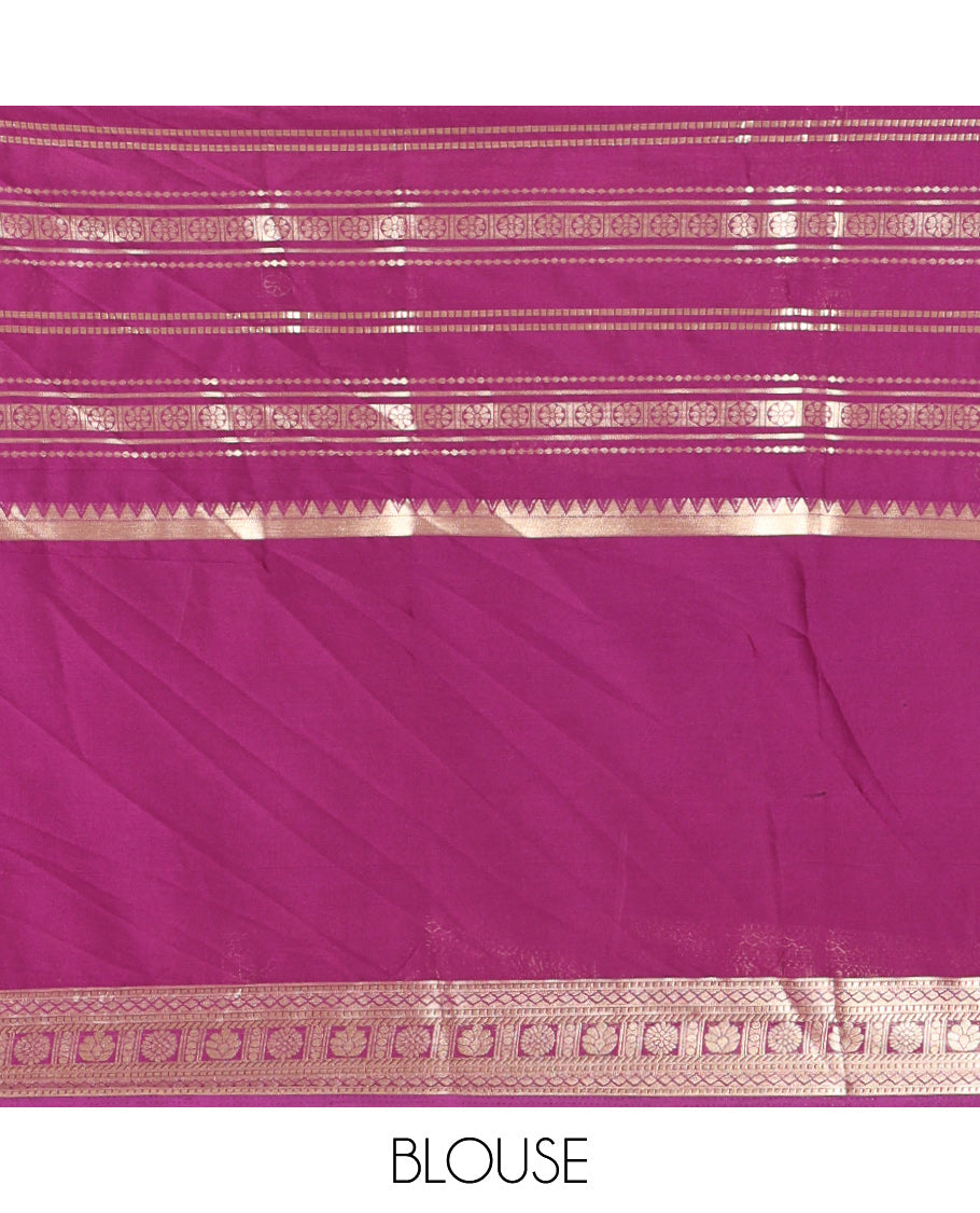 Purple Zari Striped Art Mysore Crepe Saree, a Contrast Traditional Zari Big Border, a Grand Pallu, and a Contrast Blouse