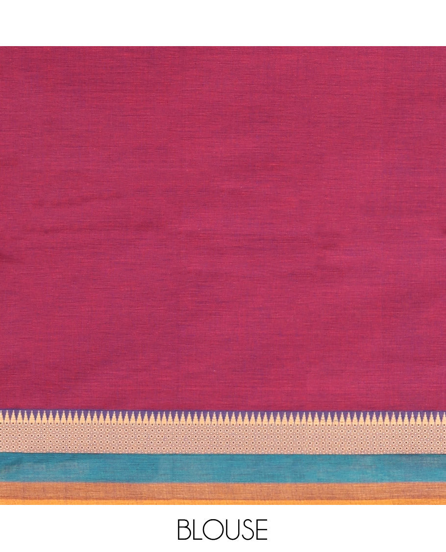 Magenta Plain Chettinad Cotton Saree, Complemented by Contrast Temple Traditional Thread Border, Striped Pallu, and a Matching Blouse