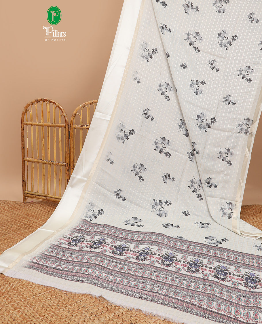 White checks zari, floral digital print dola silk saree with satin border & checks, floral design blouse